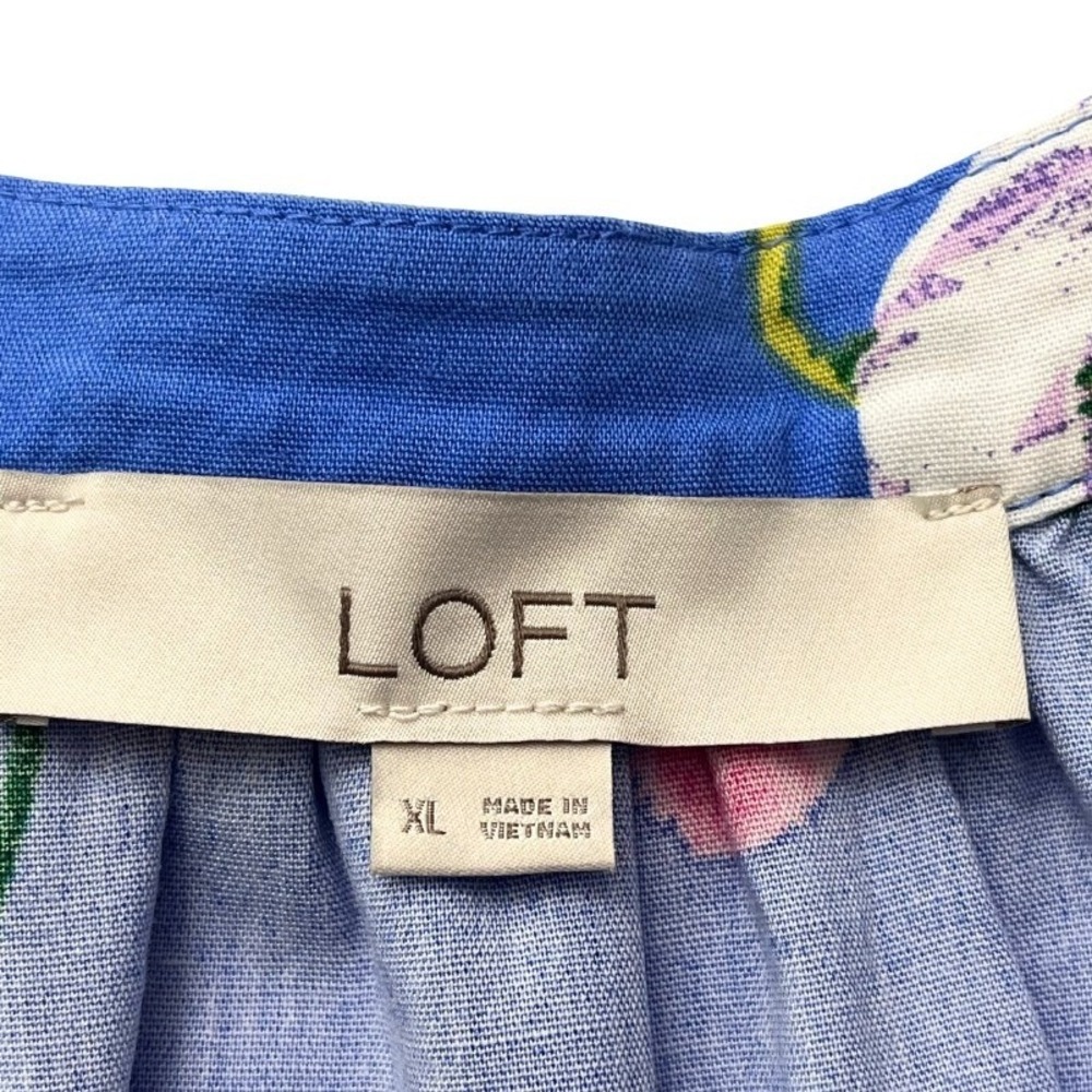 LOFT Blue Floral Tie-Neck Puff-Sleeve Blouse - Picture 3 of 9